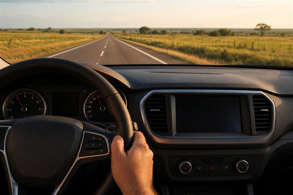 Painel de um automóvel em estrada de Mato Grosso do Sul